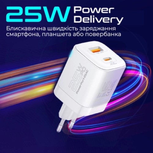 Зарядное устройство Promate USBC PD25W + USBA QC3.0 18W White (powerport-25ac.white)