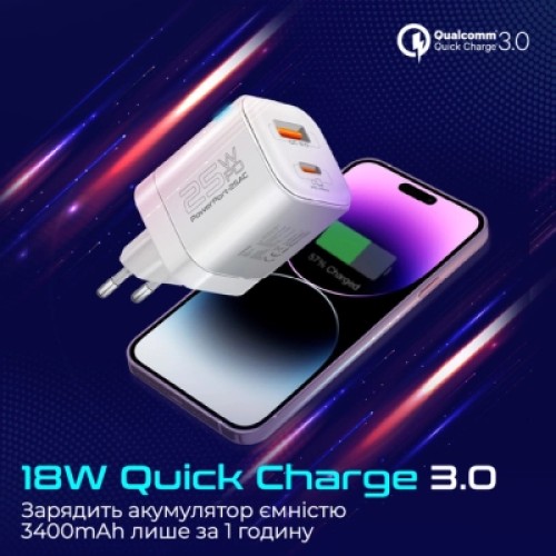 Зарядное устройство Promate USBC PD25W + USBA QC3.0 18W White (powerport-25ac.white)