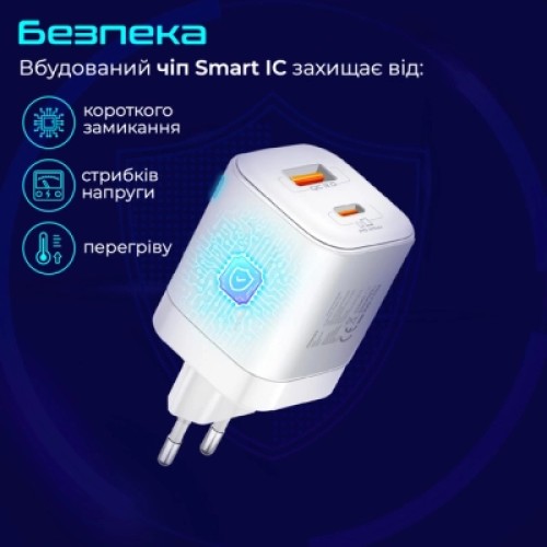 Зарядное устройство Promate USBC PD25W + USBA QC3.0 18W White (powerport-25ac.white)