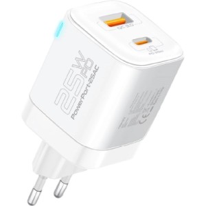Зарядное устройство Promate USBC PD25W + USBA QC3.0 18W White (powerport-25ac.white)
