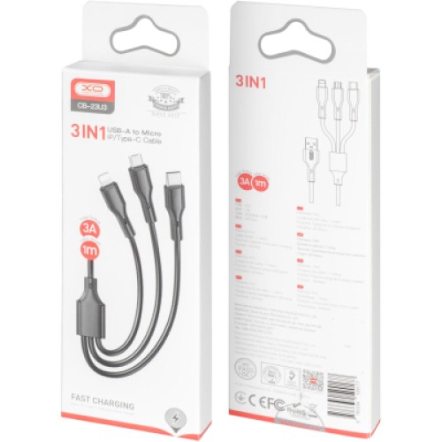 Дата кабель USB 2.0 AM to Lightning + Micro 5P + USB-C 3A black XO (CB-23U3-BK) Дата кабель USB 2.0 AM to Lightning + Micro 5P + USB-C 3A black XO (CB-23U3-BK)