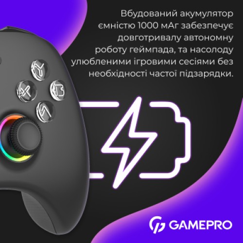 Геймпад GamePro із зарядною станцією BT 5.3/USB/2.4 ГГц (Switch/PC/iOS/Android) RGB Black (GPX13BDOC) Геймпад GamePro із зарядною станцією BT 5.3/USB/2.4 ГГц (Switch/PC/iOS/Android) RGB Black (GPX13BDOC)
