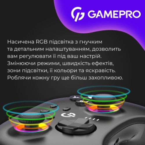 Геймпад GamePro із зарядною станцією BT 5.3/USB/2.4 ГГц (Switch/PC/iOS/Android) RGB Black (GPX13BDOC) Геймпад GamePro із зарядною станцією BT 5.3/USB/2.4 ГГц (Switch/PC/iOS/Android) RGB Black (GPX13BDOC)