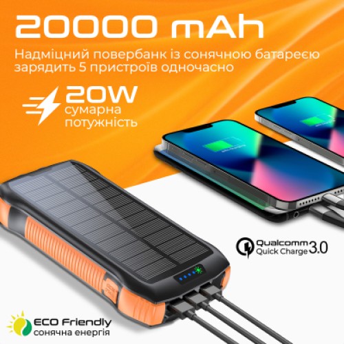 Батарея универсальная Promate 20000mAh PD/20W, QC/3/0, Solar, QI, IP65 (solartank-20pdqi.black)