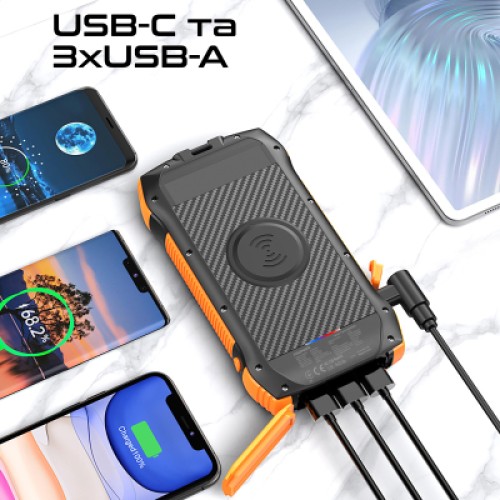 Батарея универсальная Promate 20000mAh PD/20W, QC/3/0, Solar, QI, IP65 (solartank-20pdqi.black)