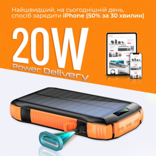 Батарея универсальная Promate 20000mAh PD/20W, QC/3/0, Solar, QI, IP65 (solartank-20pdqi.black)