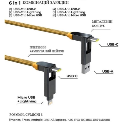 Дата кабель 6in1 inCharge XL 2.0m yellow Rolling Square (XLM03R) Дата кабель 6in1 inCharge XL 2.0m yellow Rolling Square (XLM03R)