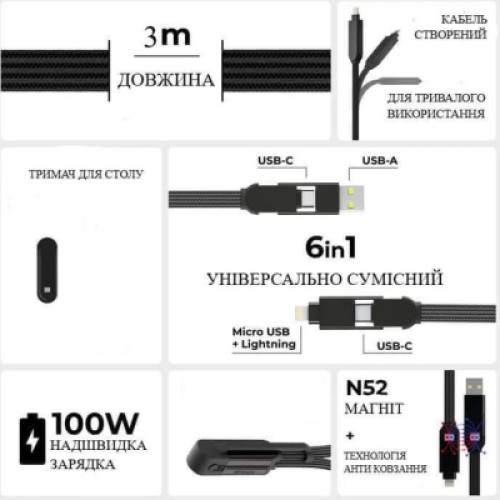 Дата кабель 6in1 inCharge XL 3.0m black Rolling Square (XLL01R) Дата кабель 6in1 inCharge XL 3.0m black Rolling Square (XLL01R)