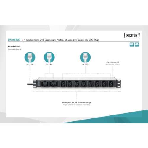 Силовой блок 19" 1U w/PDU 8xC13, 2xC19, 16A, 250V, вилка C20 Digitus (DN-95427)