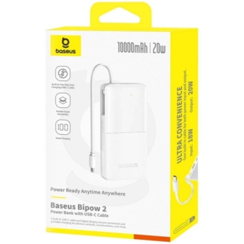 Батарея универсальная Baseus Bipow 2 Digital Display 10000mAh 20W with Built-in USB-C Cable White (P10077101213-00)