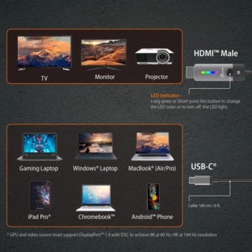 Кабель мультимедийный USB-C to HDMI M 1.8m 8K 60Hz LED RGB J5create (JCC157-N) Кабель мультимедийный USB-C to HDMI M 1.8m 8K 60Hz LED RGB J5create (JCC157-N)
