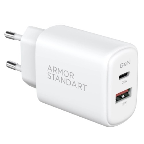 Зарядное устройство Armorstandart 1xUSB-C PD25W + 1xUSB QC3.0 GaN white (ARM87066)