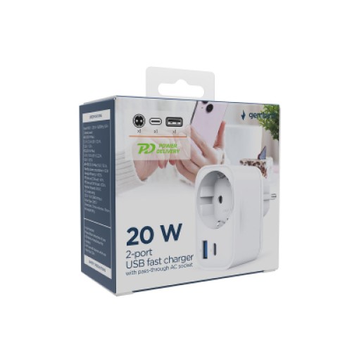 Зарядное устройство Gembird 1xUSB-C PD20W + 1xUSB QC3.0 + Schuko white (TA-ACPDQC20-01-W)