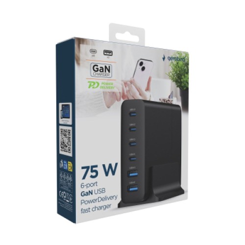 Зарядное устройство Gembird 4xUSB-C PD25W + 2xUSB QC3.0 18W black (TA-UC-2A4C-PD75-01-BK)