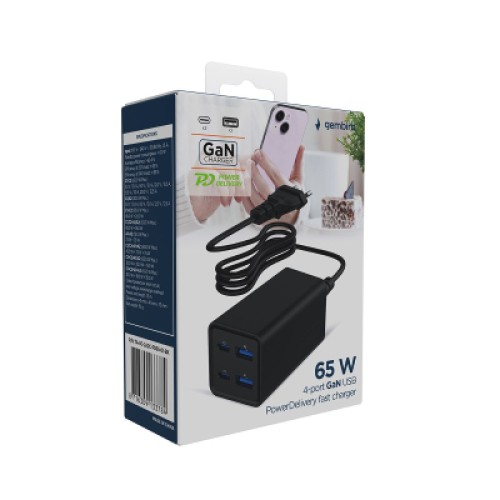 Зарядное устройство Gembird 2xUSB-C PD65W + 2xUSB QC3.0 30W black (TA-UC-2A2C-PD65-01-BK)