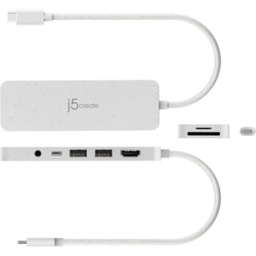 Концентратор J5create USB-C 6-in-1 2xUSB 3.2 + USB-C PD + HDMI 4K + SD/TF + 3.5mm white (JCD373EW-N)