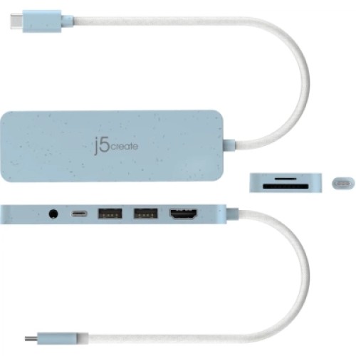 Концентратор J5create USB-C 6-in-1 2xUSB 3.2 + USB-C PD + HDMI 4K + SD/TF + 3.5mm cyan (JCD373EC-N)