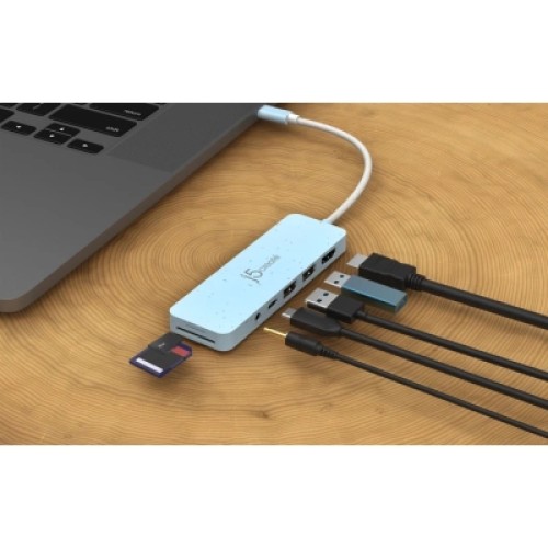 Концентратор J5create USB-C 6-in-1 2xUSB 3.2 + USB-C PD + HDMI 4K + SD/TF + 3.5mm cyan (JCD373EC-N)