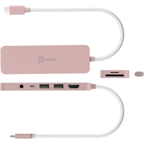 Концентратор J5create USB-C 6-in-1 2xUSB 3.2 + USB-C PD + HDMI 4K + SD/TF + 3.5mm rose (JCD373ER-N)