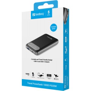 Батарея универсальная Sandberg 10000mAh Travel PD/20W, QC/3.0/22.5W, USB-A, USB-C, LCD Display (421-16)