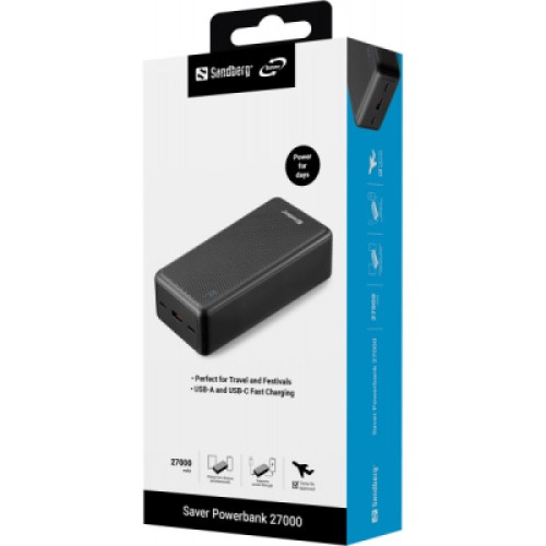 Батарея универсальная Sandberg 27000mAh Saver PD/20W, QC/3.0/22,5W, power-through (320-43)