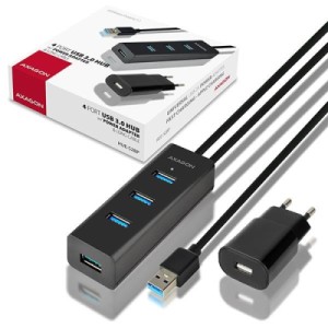 Концентратор AXAGON USB 3.1 to 4xUSB 3.0 1.2m + power adapter + cable USB to Micro 5P black (HUE-S2BP)