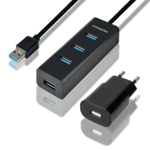 Концентратор AXAGON USB 3.1 to 4xUSB 3.0 1.2m + power adapter + cable USB to Micro 5P black (HUE-S2BP)