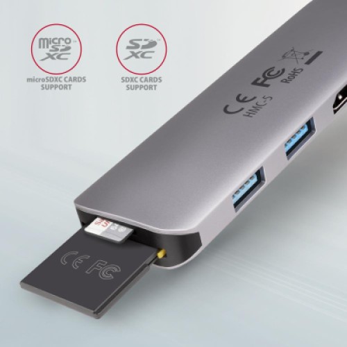 Концентратор AXAGON USB-C to 2xUSBA + HDMI + SD/microSD + USB-C PD 100W 0.2m grey (HMC-5) Концентратор AXAGON USB-C to 2xUSBA + HDMI + SD/microSD + USB-C PD 100W 0.2m grey (HMC-5)