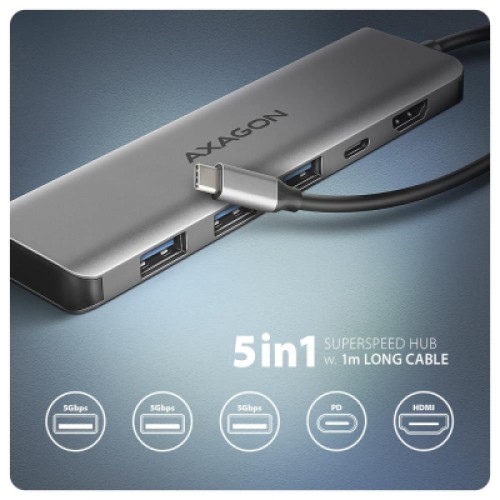 Концентратор AXAGON USB-C to 3xUSB-A + HDMI 5Gbps + PD 100W 1.0m grey (HMC-5H) Концентратор AXAGON USB-C to 3xUSB-A + HDMI 5Gbps + PD 100W 1.0m grey (HMC-5H)