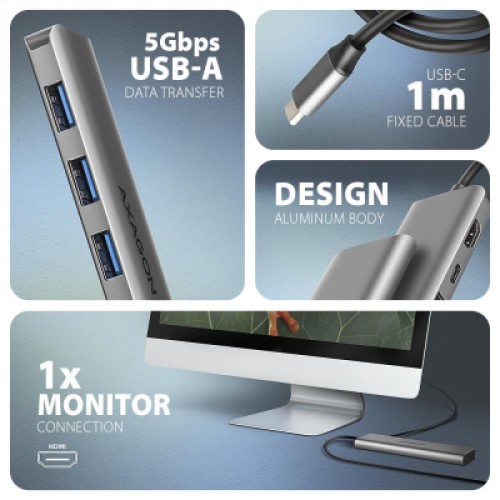 Концентратор AXAGON USB-C to 3xUSB-A + HDMI 5Gbps + PD 100W 1.0m grey (HMC-5H) Концентратор AXAGON USB-C to 3xUSB-A + HDMI 5Gbps + PD 100W 1.0m grey (HMC-5H)