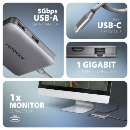 Концентратор AXAGON USB-C to 2xUSB-A + HDMI + RJ45 + PD 100W 0.2m grey (HMC-5HL) Концентратор AXAGON USB-C to 2xUSB-A + HDMI + RJ45 + PD 100W 0.2m grey (HMC-5HL)