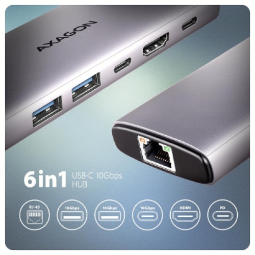 Концентратор AXAGON USB-C to 2xUSB-A + 1xUSB-C + HDMI + RJ45 + PD100W 0.15m gray (HMC-6G2L)