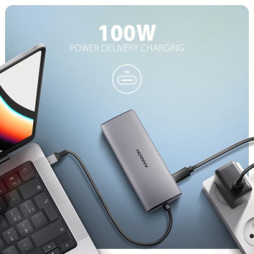 Концентратор AXAGON USB-C to 2xUSB-A + 1xUSB-C + HDMI + RJ45 + PD100W 0.15m gray (HMC-6G2L)