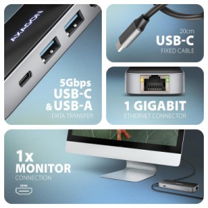 Концентратор AXAGON USB-C to 2xUSB-A + 1xUSB-C + HDMI + RJ45 + PD100W 0.2m grey (HMC-6GLN)