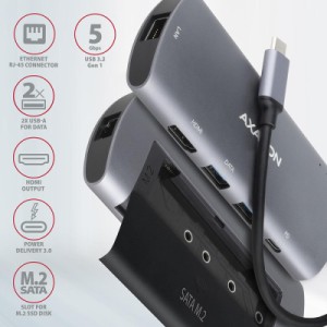 Концентратор AXAGON USB-C to 2xUSB-A + HDMI + RJ45 + SATA M.2 + PD 100W 0.18m grey (HMC-6M2)