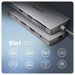 Концентратор AXAGON USBC to 3xUSB-A + HDMI + RJ45 + SD/microSD + audio + PD 100W 0.2m grey (HMC-8HLSA)
