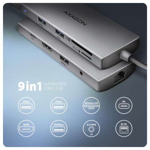 Концентратор AXAGON USBC to 3xUSB-A + HDMI + RJ45 + SD/microSD + audio + PD 100W 0.2m grey (HMC-8HLSA) Концентратор AXAGON USBC to 3xUSB-A + HDMI + RJ45 + SD/microSD + audio + PD 100W 0.2m grey (HMC-8HLSA)