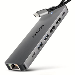 Концентратор AXAGON USBC to 2xUSBA + 1xUSBC + 2xHDMI + RJ45 + PD100W 0.15m gray (HMC-7HX2)