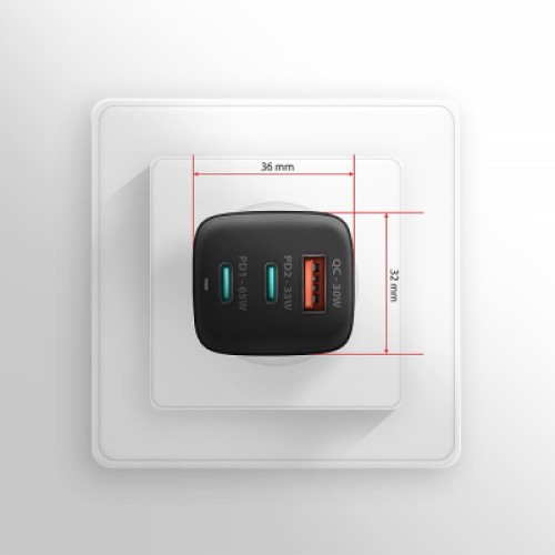 Зарядное устройство AXAGON 1xUSB + 2xUSB-C 65W QC4+ PD3.0 PPS black (ACU-DPQ65)