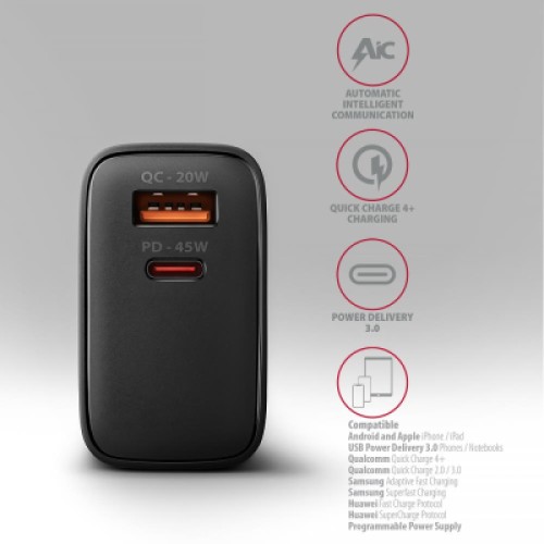 Зарядное устройство AXAGON 1xUSB QC4.0 + 1xUSB-C PD45W PPS black (ACU-PQ45)