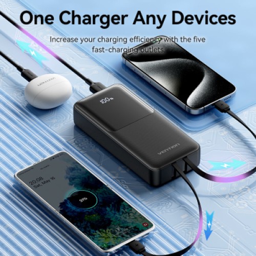 Батарея универсальная VENTION 20000mAh Power Bank (Micro-USB + USB-C + USB-A + USB-A) with Built-in USB-C and Lightning Cables (FHPB0)