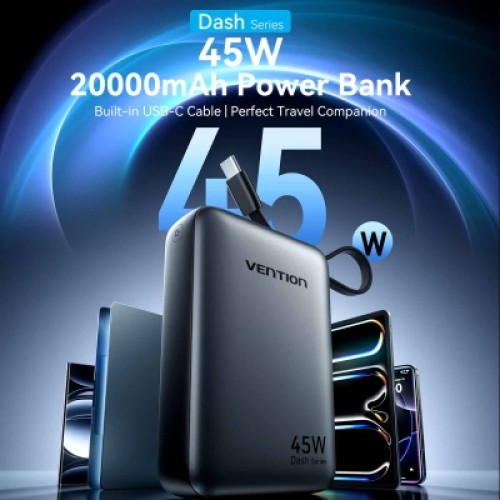 Батарея универсальная VENTION 20000mAh Mini Power Bank (USB-C + USB-C/USB-A) with Built-in USB-C Cable 45W Gray (FHGH0)