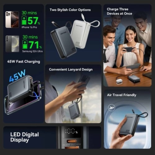 Батарея универсальная VENTION 20000mAh Mini Power Bank (USB-C + USB-C/USB-A) with Built-in USB-C Cable 45W Gray (FHGH0)