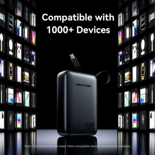 Батарея универсальная VENTION 20000mAh Mini Power Bank (USB-C + USB-C/USB-A) with Built-in USB-C Cable 45W Gray (FHGH0)