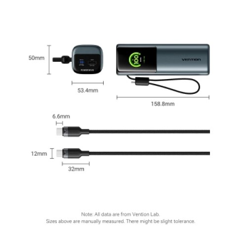 Батарея универсальная VENTION 20000mAh Power Bank (USB-C + USB-C/USB-C/USB-A) 165W Gray TFT Display Type (FKFH0)