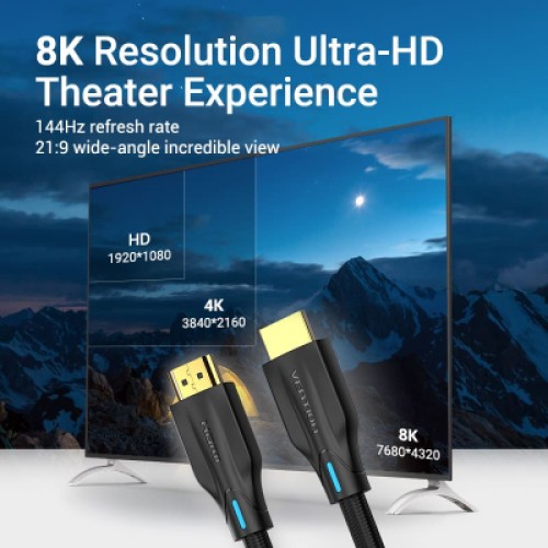 Кабель мультимедийный Cotton Braided 8K HDMI Cable 1M Black VENTION (AAUBF)