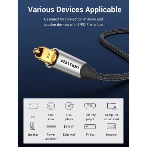 Кабель мультимедийный Optical Fiber Audio Cable Aluminum Alloy Type 1M Gray VENTION (BAVHF)