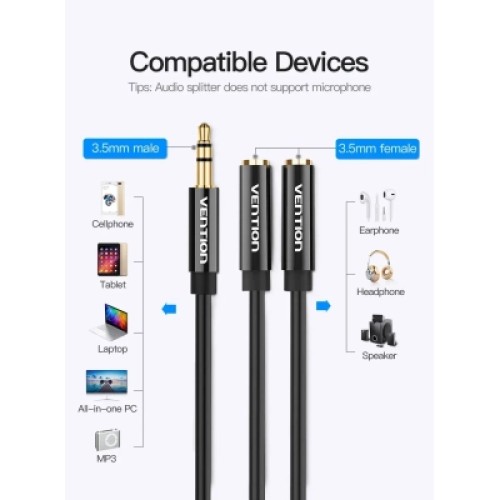 Кабель мультимедийный 3.5mm Male to 2*3.5mm Female Stereo Splitter Cable 0.3M Black ABS Type VENTION (BBSBY)