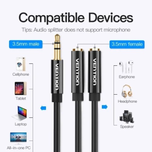Кабель мультимедийный 3.5mm Male to 2*3.5mm Female Stereo Splitter Cable 0.3M Black ABS Type VENTION (BBSBY)