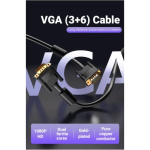 Кабель мультимедийный VGA(3+6) Male to Male Cable with ferrite cores 1.5M Black VENTION (DAEBG)